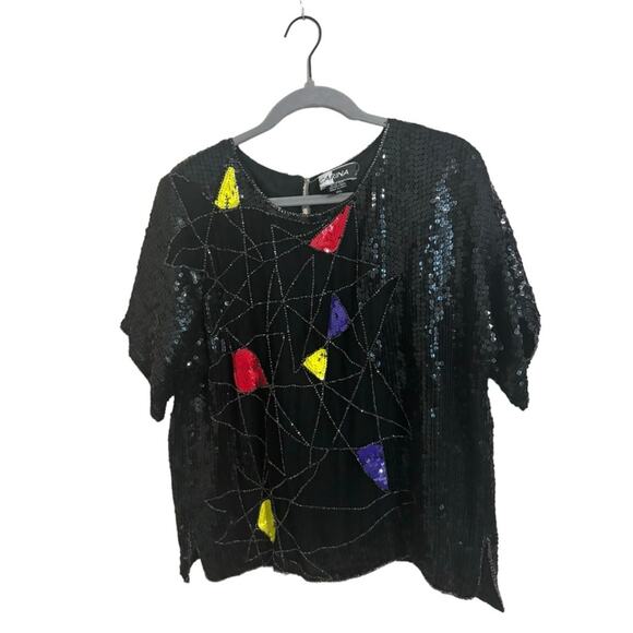 Vintage Tops - Vintage Carina Silk Black Red Yellow Abstract Sequin Top XL